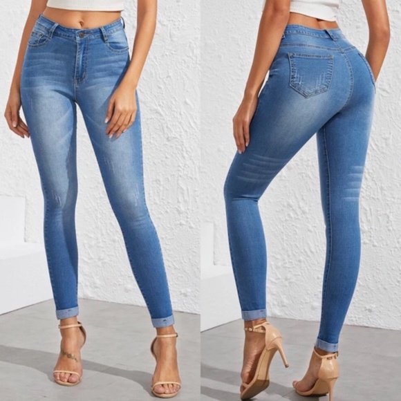 medium wash stonewash faded cuffed skinny jeans - Picture 4 of 7